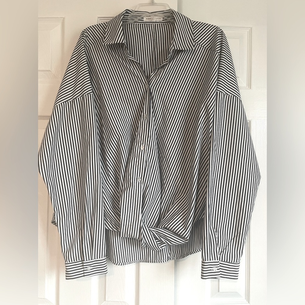 Dark grey striped button down top